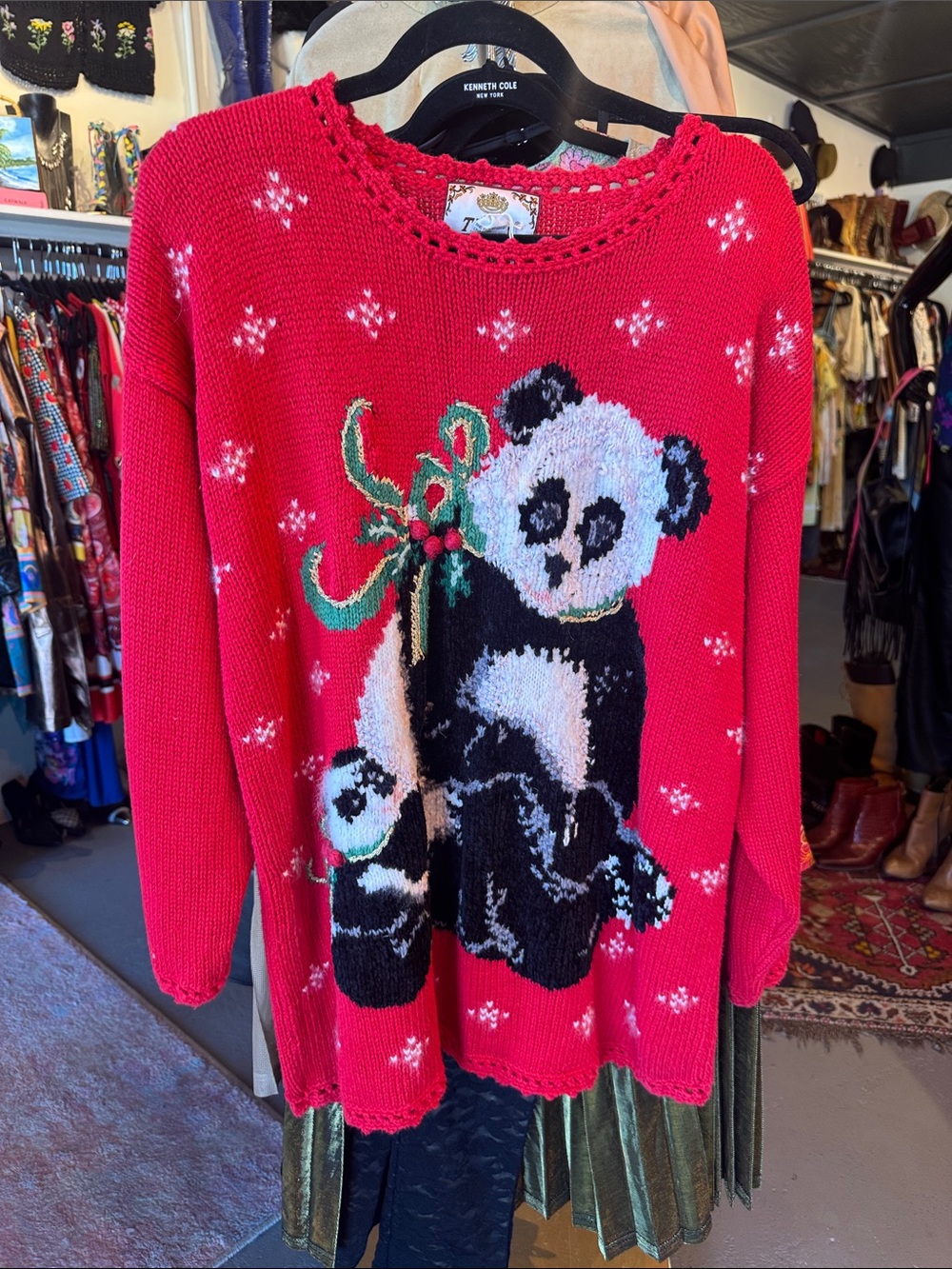 Vintage Tiara Red Panda Knit Sweater with Green Bow Detail